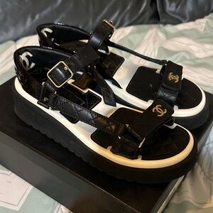 CHANEL Black and White Strappy Sandals